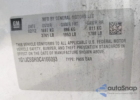 2012 Chevrolet Sonic 2Lt z USA, uszkodzony, nr VIN 1G1JC5SH3C4166093